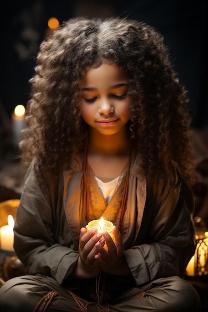 Een jong meisje, haar ogen gesloten en handen gevouwen in gebed, dankbaarheid uitend met een hart