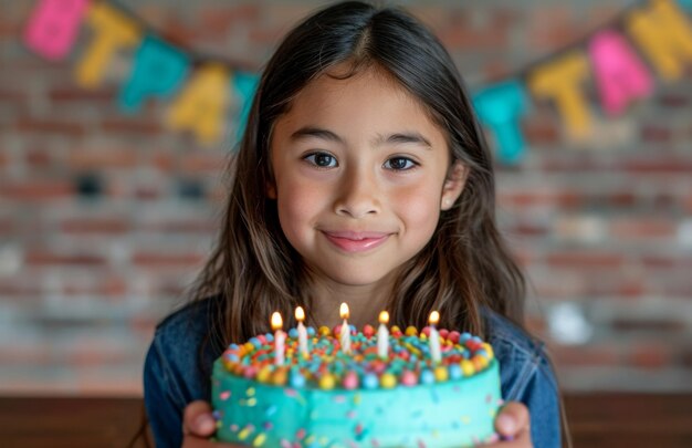 een jong meisje houdt een verjaardagstaart vast en poseert