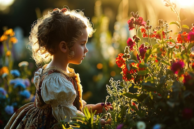 een jong meisje in de rol van koningin Esther, gezegend door de aanwezigheid van een tuin vol met voorjaarsbloemen, badend in de koninklijke gloed van het zonlicht