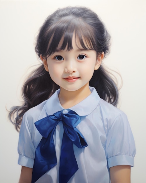 Een jong meisje in een blauw schooluniform glimlachend