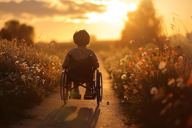 Een jong meisje in een rolstoel loopt door een veld van bloemen