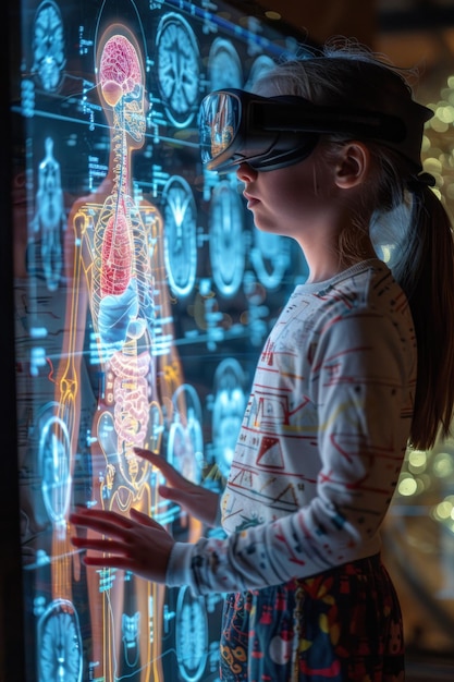 Een jong meisje kijkt naar een computermonitor die een 3D-beeld van een menselijk lichaam weergeeft.