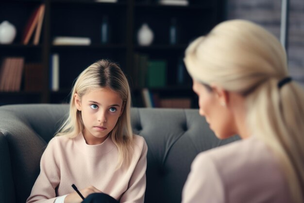 Een jong meisje kijkt serieus toe tijdens een gesprek met een psycholoog