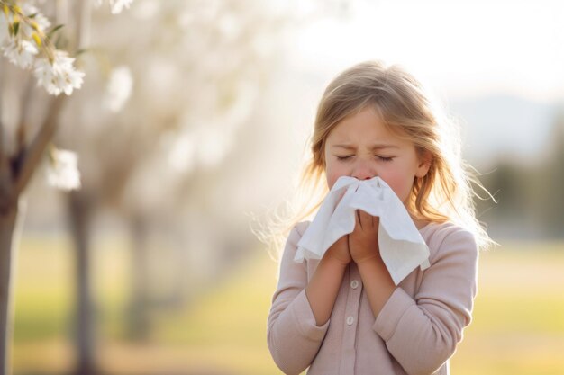 Een jong meisje lijdt aan een allergie voor lentepollen