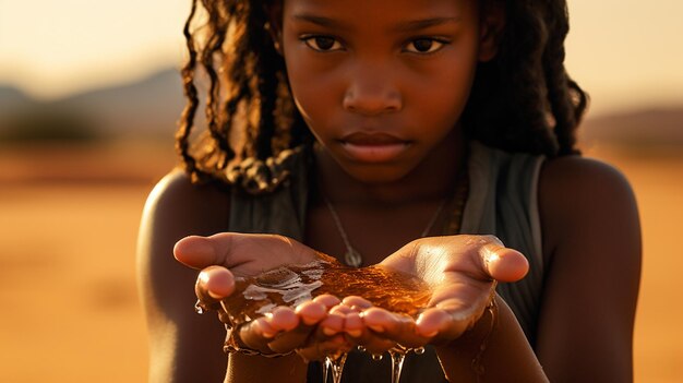 Een jong meisje met een donkere huid houdt water in haar handen Afrikaanse landmassa Generatieve AI