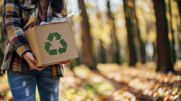 Foto een jong meisje met een doos met een plastic recycling logo in het park