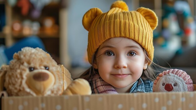 een jong meisje met een hoed met een teddybeer erin