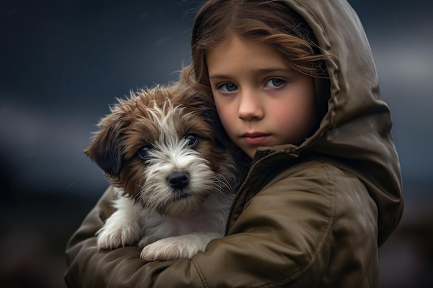 Een jong meisje met een kleine hond in haar armen.