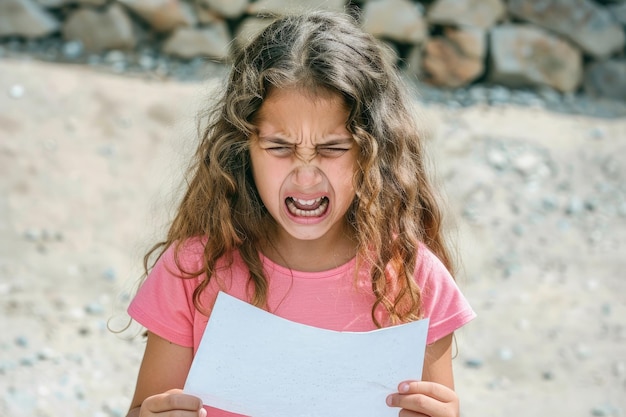 Foto een jong meisje met een stuk papier met haar mond open.