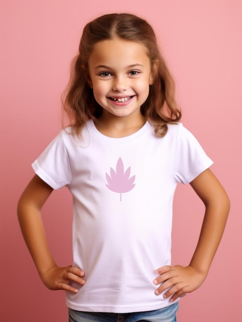 Een jong meisje met een wit t - shirt met een blad erop