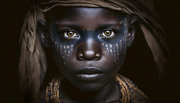 Een jong meisje met gele ogen en een gezicht beschilderd met het woord masai.