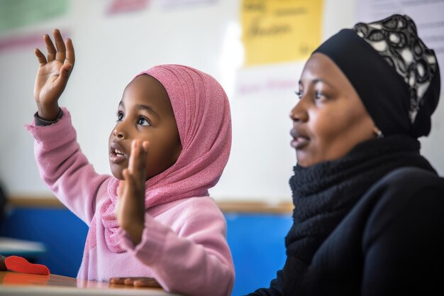 Een jong meisje met haar hand omhoog terwijl haar leraar de klas aanspreekt die is gemaakt met generatieve ai