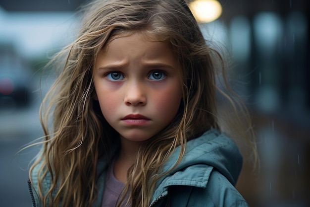 Foto een jong meisje met lang haar dat in de regen staat