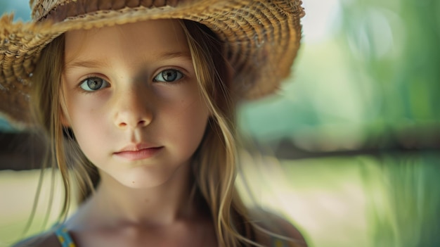 Een jong meisje met onschuldige ogen haar blik piercing onder een stro hoed
