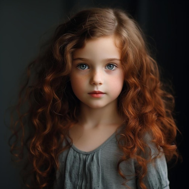 Een jong meisje met rood haar en een grijs shirt met blauwe ogen.