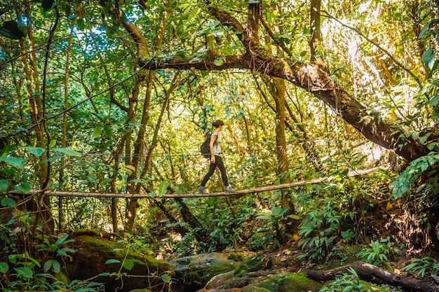 Een jong meisje op een houten brug van het Cerro Azul Meambar National Park