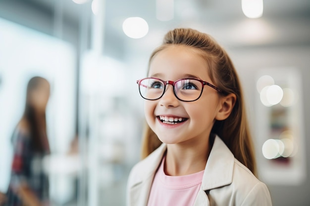 Een jong meisje probeert een nieuwe bril bij een opticien