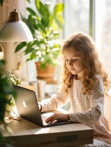 Foto een jong meisje schrijft op een laptop met het logo op het scherm