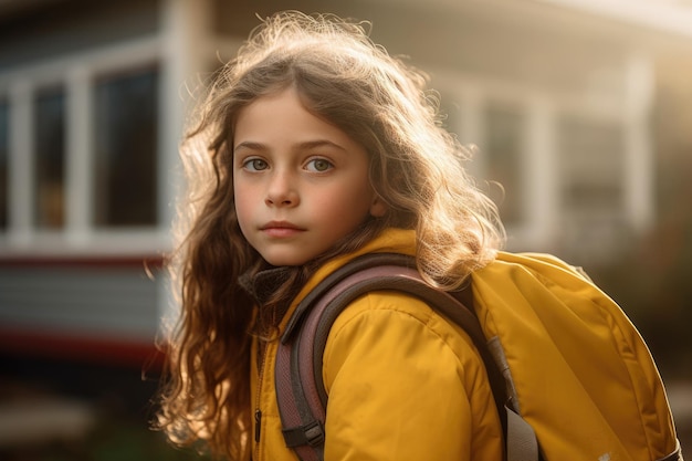 Een jong meisje terwijl ze van dichtbij poseert met haar schoolrugzak, wachtend voor een gele schoolbus Generatieve AI