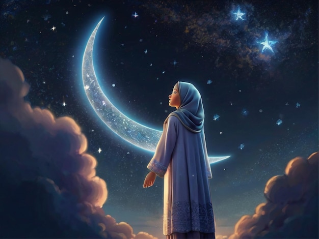 Een jong meisje versierd met een hijab en een islamitische kleding staat naar de hemel te staren