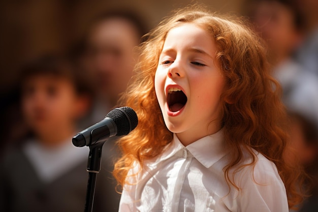 een jong meisje zingt in bokeh stijl achtergrond