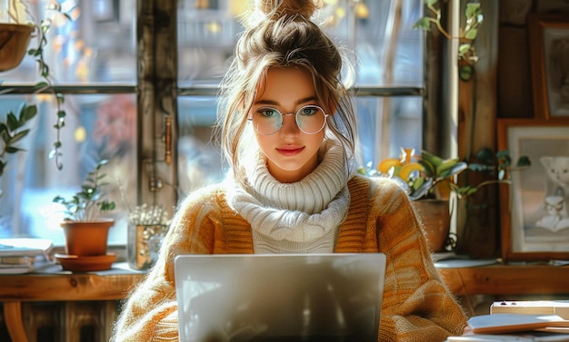 Een jong meisje zit aan tafel met een laptop in een gezellig café bij het raam.