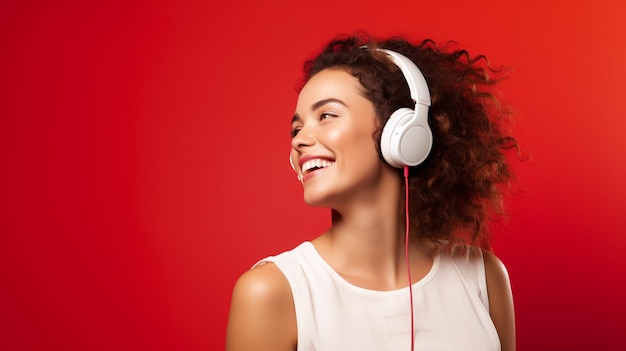 Een jong mooi meisje dat naar muziek luistert en lacht van geluk op een rode achtergrond