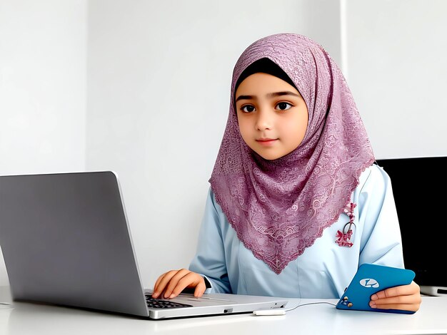 Een jong moslimmeisje werkt online voor haar klant