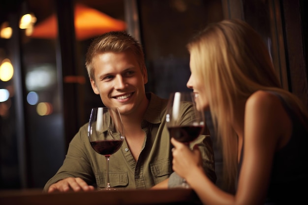 Een jong stel geniet van een glas wijn in een restaurant