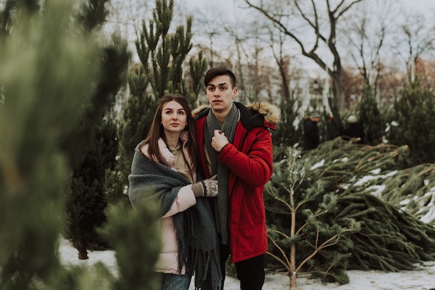 Een jong stel koopt een kerstboom op de markt in hun huis. Concept - een symbool van de kerst- en nieuwjaarsvakantie.