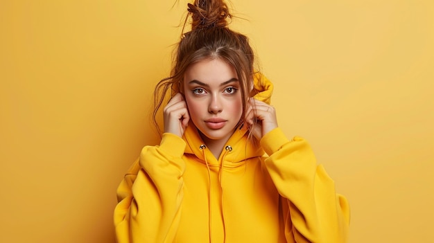 Foto een jong vrouwelijk model in een gele hoodie op een gele achtergrond studiofotografie