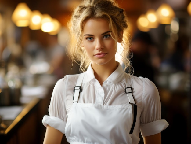 Foto een jonge aantrekkelijke vrouwelijke serveerster met blond haar in een wit shirt en schort staat zelfverzekerd in een restaurant.