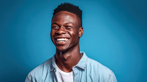 een jonge Afrikaanse man glimlacht tegen een levendige blauwe achtergrond