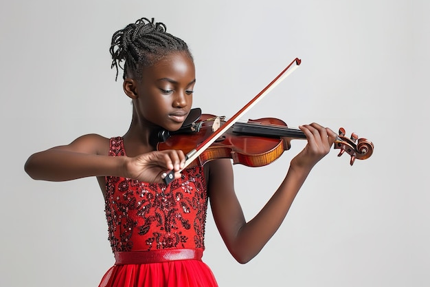 Een jonge Afrikaanse vrouw in een zwart pak verscheen en speelde viool over een witte omgeving.