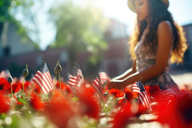 Een jonge Afro-Amerikaanse vrouw met een rode papaver in zijn handen en denkt met trots aan zijn vader een militaire soldaat Amerikaanse vlaggen op een achtergrond Remembrance Day Copy ruimte