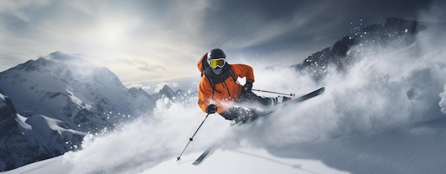 Een jonge agressieve skiër op een alpine helling demonen