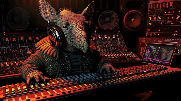 Een jonge armadillo met een koptelefoon zit bij een mixconsole in een opnamestudio. Hij is omringd door luidsprekers en andere audioapparatuur.