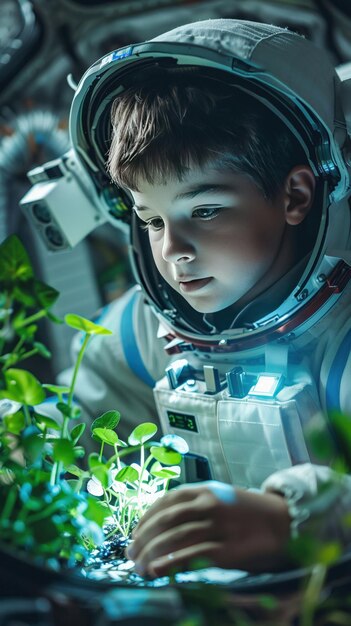 Een jonge astronaut die de groei van planten in zwaartekrachtloosheid in een ruimteschip bestudeert