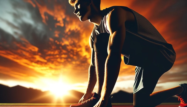 Een jonge atleet die zich voorbereidt op een run op een zonsopgang achtergrond