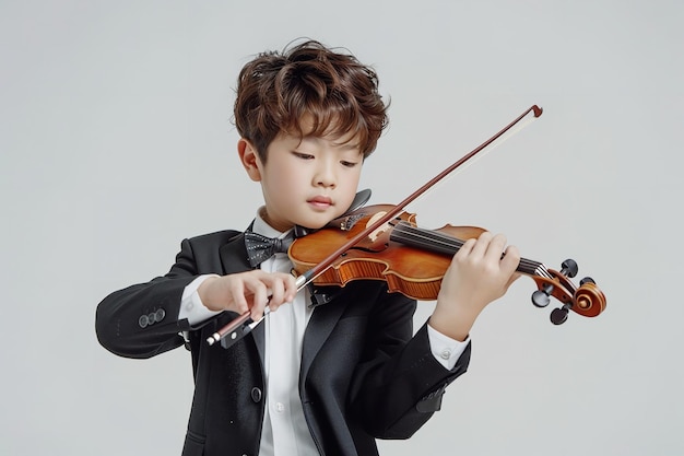 Een jonge Aziatische man in een zwart pak verscheen en speelde viool over een witte omgeving.