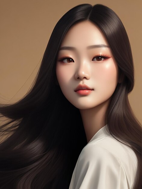 Een jonge Aziatische schoonheidsvrouw met lang glanzend haar die make-up in Koreaanse stijl draagt