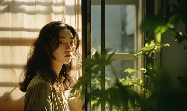 een jonge Aziatische vrouw die naar het raam kijkt