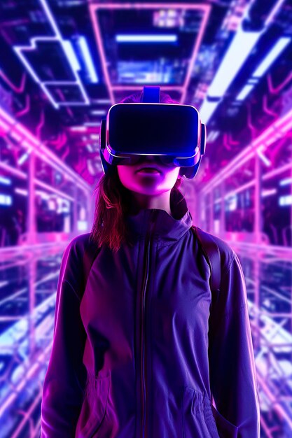 Een jonge Aziatische vrouw gebruikt een virtual reality-headset Neonlicht studioportret Concept van virtual reality-simulatiegaming en toekomstige technologie AI Generative