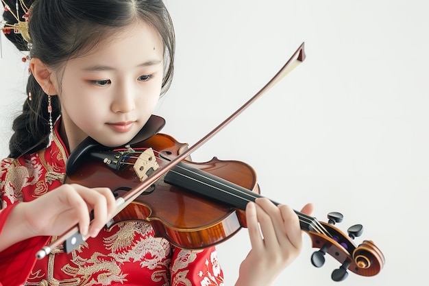 Een jonge Aziatische vrouw in een zwart pak verscheen en speelde viool over een witte omgeving.