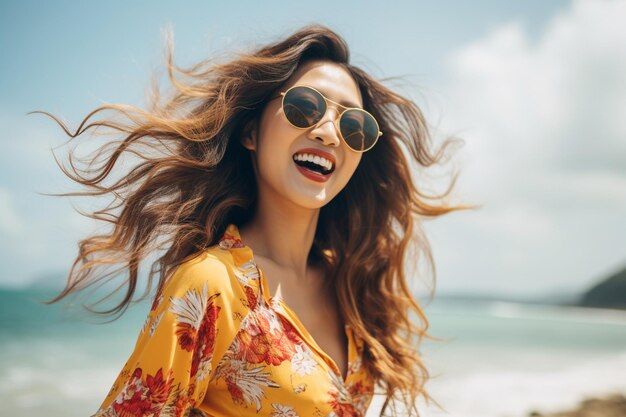 een jonge aziatische vrouw in zonnebril die van zomervakantie geniet