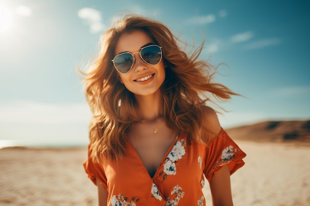 een jonge aziatische vrouw in zonnebril die van zomervakantie geniet