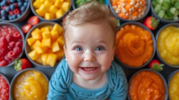 Een jonge baby glimlacht omringd door kleurrijke kommen met fruit