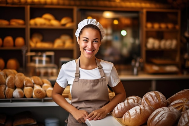 Een jonge bakkerijmedewerker staat grijnzend naast een verscheidenheid aan brood en gebak uitgestald in de vitrine