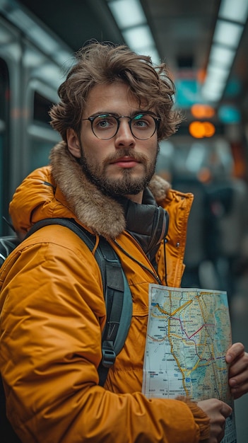 Foto een jonge, bebaarde internationale student op een onbekende plek navigeert door een kaart van het openbaar vervoer