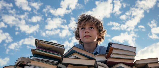 een jonge blanke jongen zijn gezicht stralend van vreugde ondergedompeld in een torenhoge stapel boeken